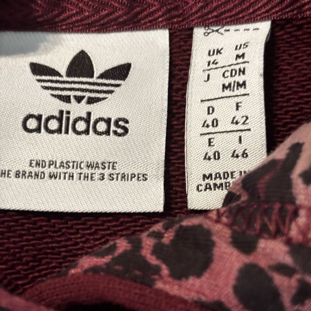 Adidas Adicolor Leopard Logo Cropped Hoodie Sweatshirt Burgundy Women's Size M - Picture 7 of 11